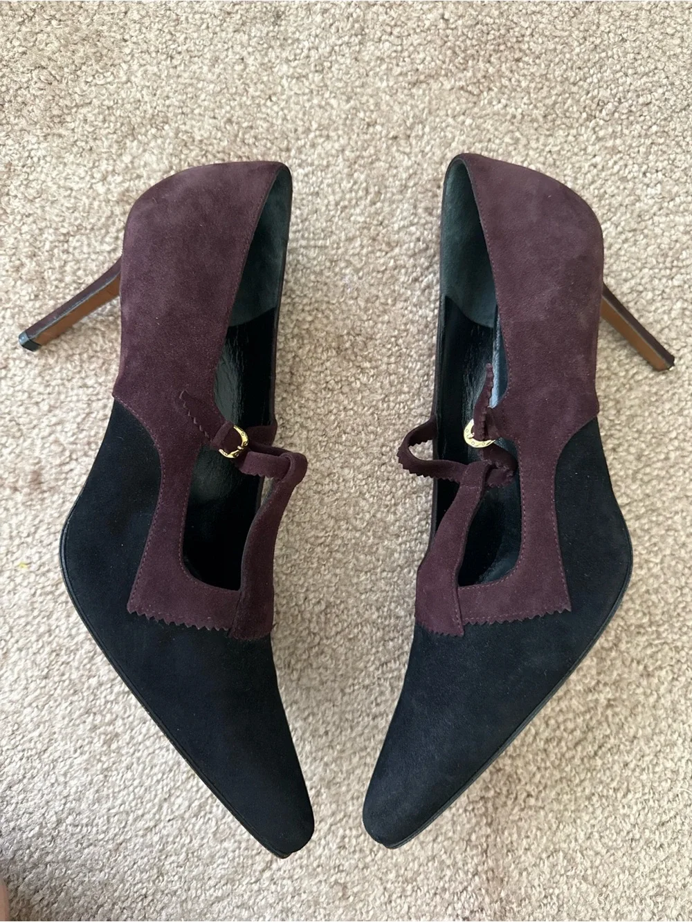 Vintage Dior Burgundy and Black Suede T-Strap Mary Jane Pumps Pointed Toe